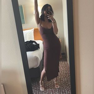Chocolate brown midi dress with high slit